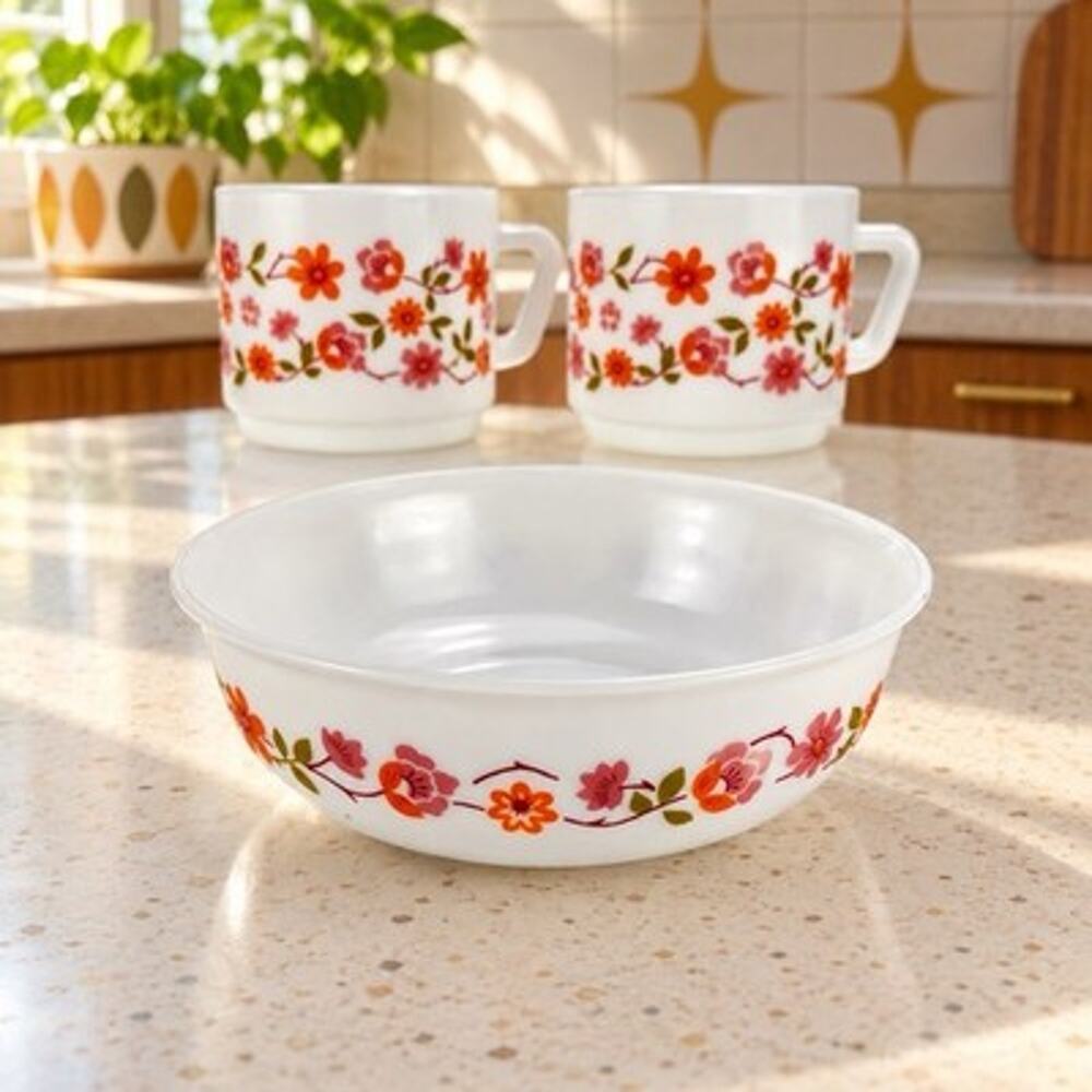 Vintage Arcopal Scania France Milk Glass Floral 2 Mugs & Bowl Set of 3
